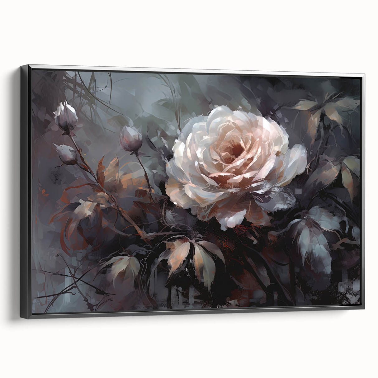 Framed canvas wall art featuring a botanical rose design in soft pastel colors, elegantly displayed with a black frame, perfect for home decor enhancement.