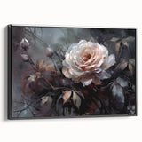 Framed canvas wall art featuring a botanical rose design in soft pastel colors, elegantly displayed with a black frame, perfect for home decor enhancement.