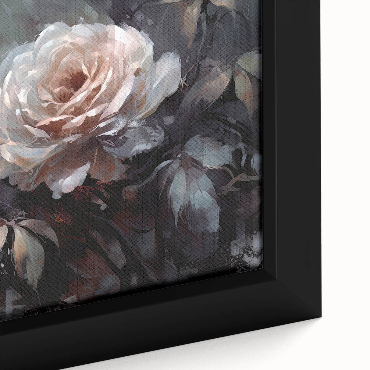 Close-up of a framed canvas wall art piece showcasing a detailed botanical rose design, featuring soft pink petals and lush green leaves, perfect for home decor.