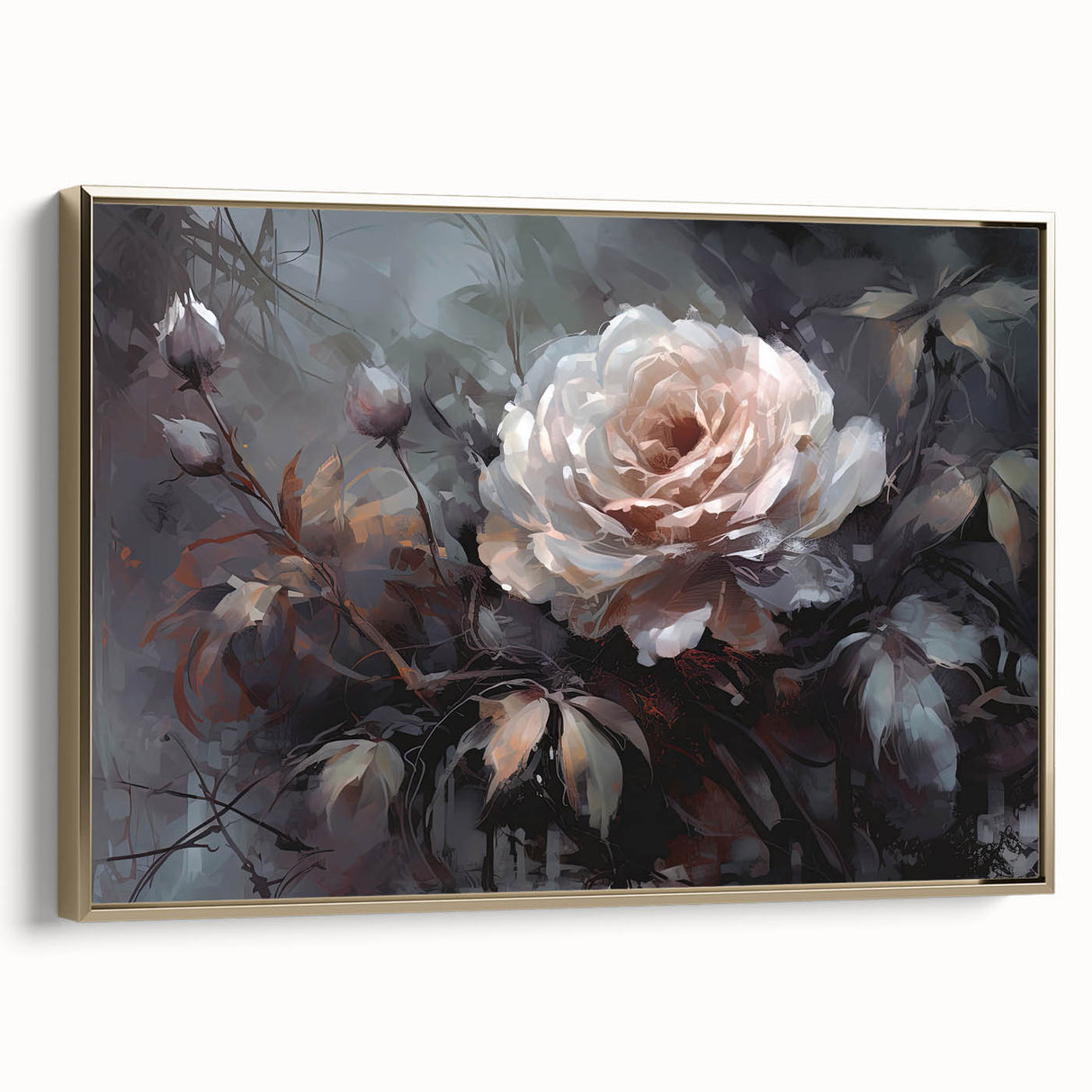Framed botanical wall art featuring a gold-accented rose design on canvas, showcasing vibrant floral details and elegant craftsmanship in a stylish setting.