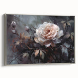 Framed wall art featuring a botanical rose design in soft pink and green hues, displayed with a sleek silver frame, adding an elegant touch to home decor.