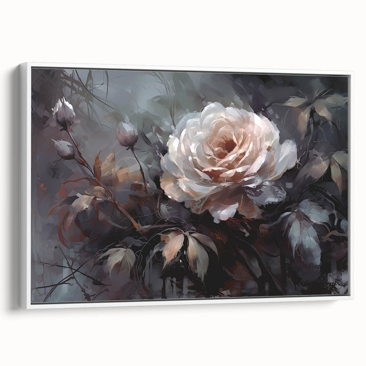 Framed botanical wall art featuring a delicate rose design on canvas, showcasing intricate details in soft pink and green hues, elegantly displayed against a white backdrop for a modern aesthetic.
