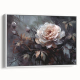 Framed botanical wall art featuring a delicate rose design on canvas, showcasing intricate details in soft pink and green hues, elegantly displayed against a white backdrop for a modern aesthetic.