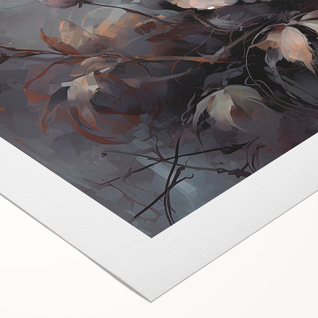 Botanical rose design wall art on rolled canvas, showcasing vibrant pink and green hues, perfect for home decor. Ideal for floral-themed interiors and art lovers.