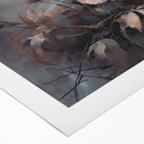 Botanical rose design wall art on rolled canvas, showcasing vibrant pink and green hues, perfect for home decor. Ideal for floral-themed interiors and art lovers.