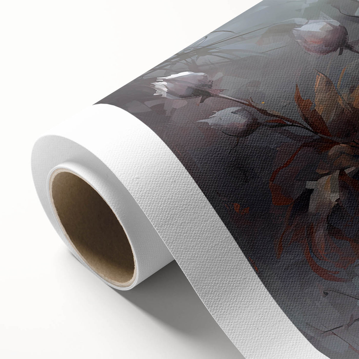 Botanical rose design wall art on rolled canvas, showcasing vibrant pink and green hues, ideal for home decor or gifting. Packaged in a protective cardboard tube.