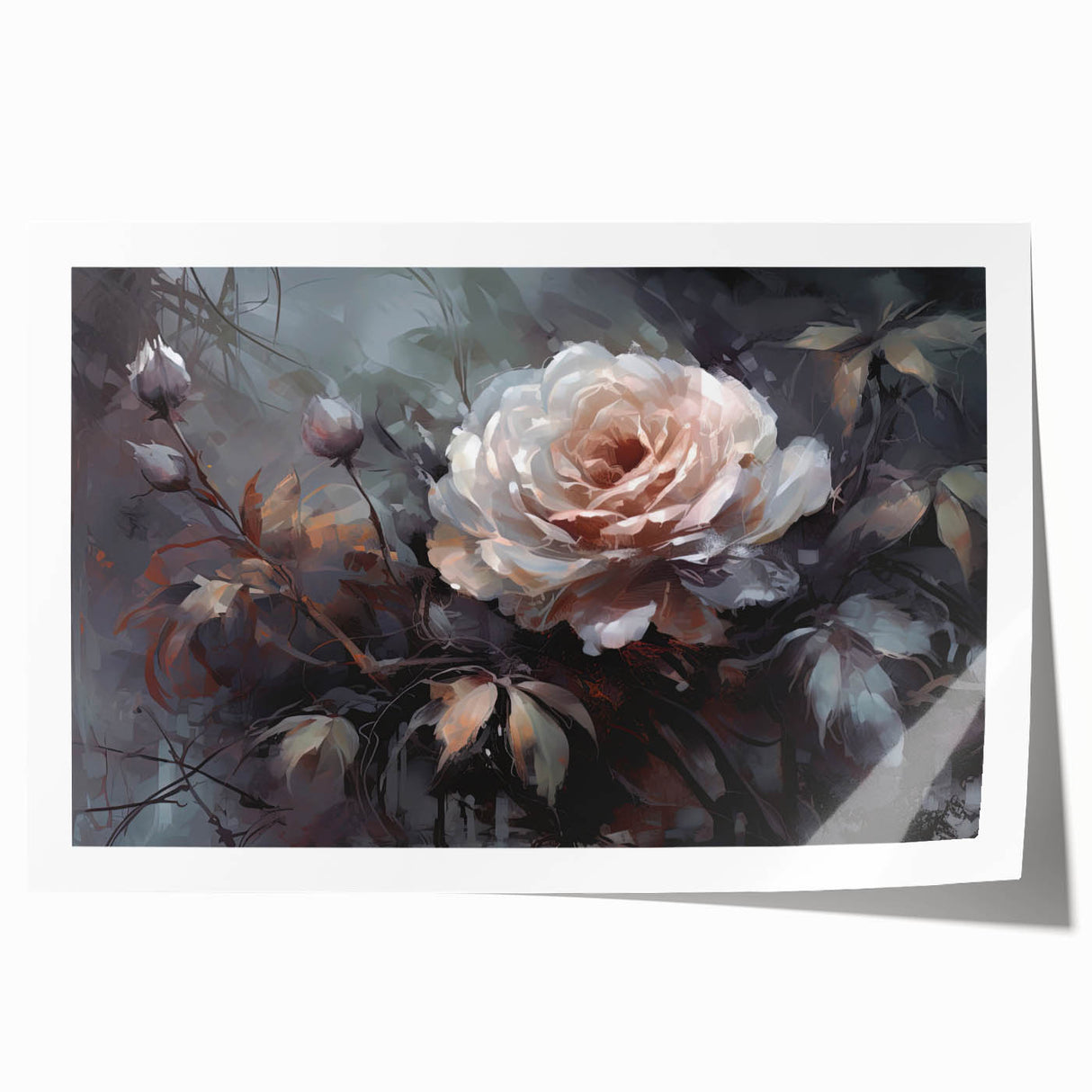 Botanical rose design rolled print featuring soft pastel colors and intricate floral details, perfect for home decor or artistic wall displays.