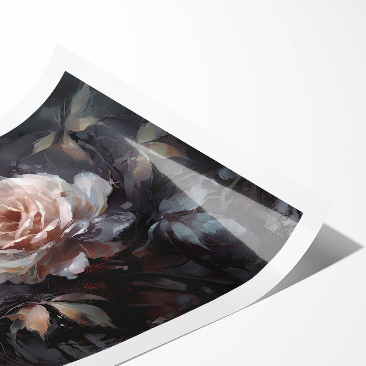 Botanical rose wall art print showcasing vivid colors and intricate floral details, rolled for easy display and shipping in a protective tube. Perfect for home decor.