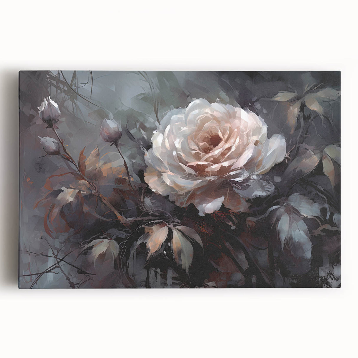 Stretched canvas wall art showcasing a botanical rose design in vibrant colors, perfect for home decor, emphasizing floral beauty and elegance.