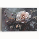 Stretched canvas wall art showcasing a botanical rose design in vibrant colors, perfect for home decor, emphasizing floral beauty and elegance.