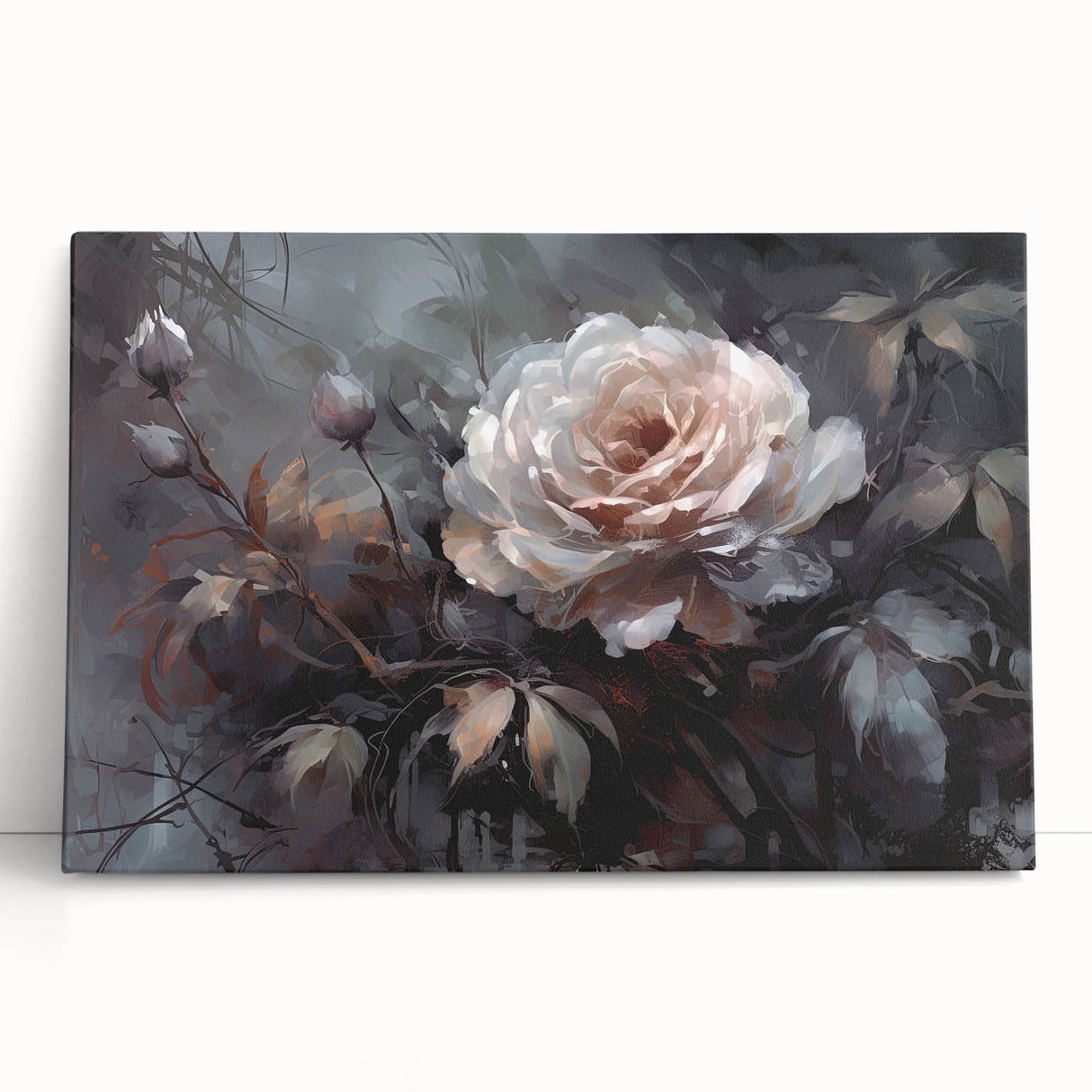 Stretched canvas wall art featuring a botanical rose design with vibrant pink and green hues, elegantly leaning against a neutral backdrop, perfect for home decor.