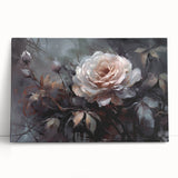 Stretched canvas wall art featuring a botanical rose design with vibrant pink and green hues, elegantly leaning against a neutral backdrop, perfect for home decor.