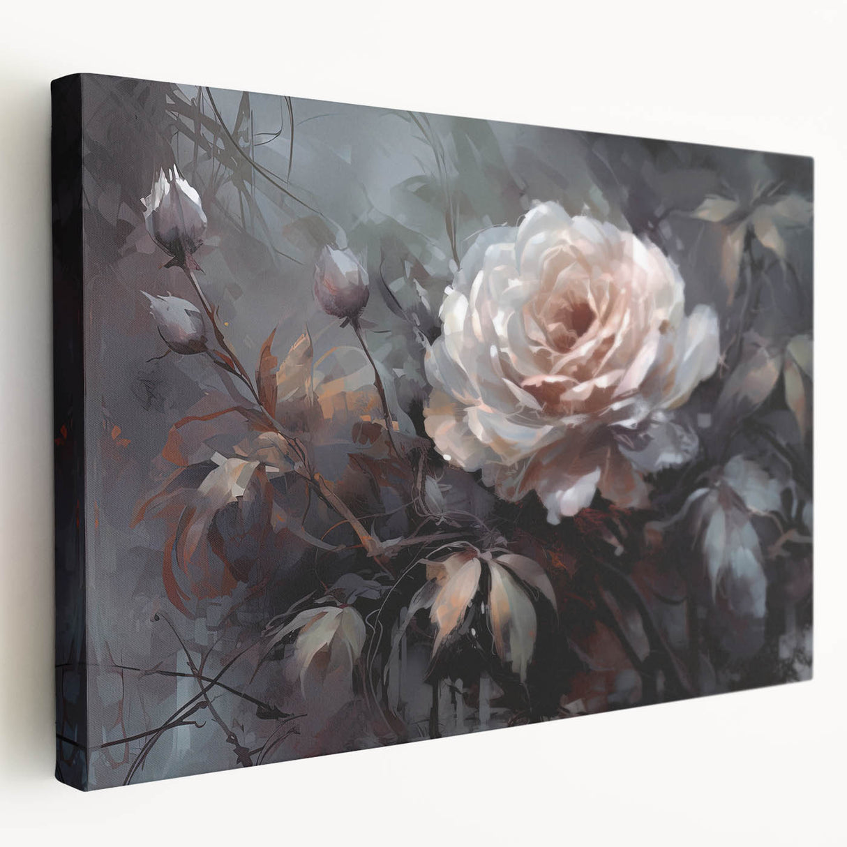 Stretched canvas wall art depicting a botanical rose design, showcasing vibrant colors and intricate details, ideal for enhancing home decor with a floral theme.