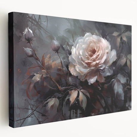 Stretched canvas wall art depicting a botanical rose design, showcasing vibrant colors and intricate details, ideal for enhancing home decor with a floral theme.