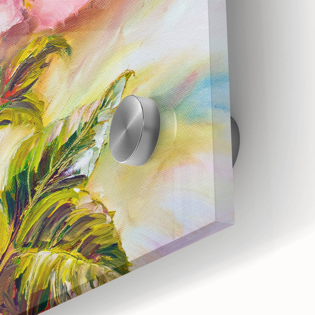 Close-up of a botanical rose wall art design printed on acrylic glass, showcasing vibrant pink and green hues, perfect for adding elegance to any decor.