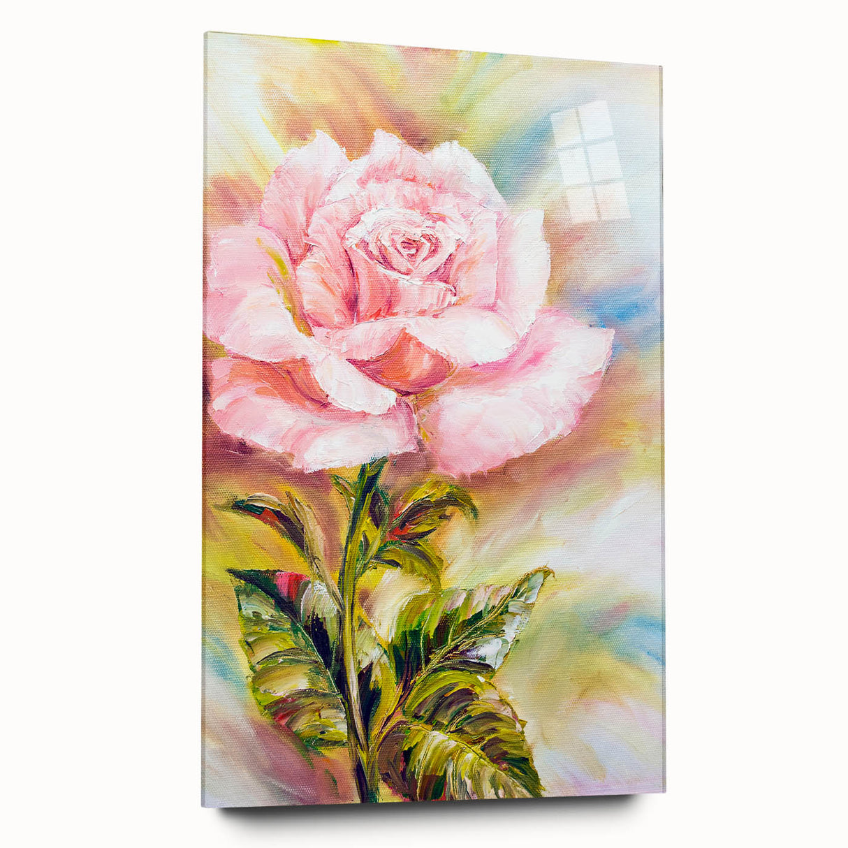 Botanical rose wall art piece displayed in a sleek acrylic frame, showcasing vibrant blooms in shades of pink and green, perfect for home decor enthusiasts.