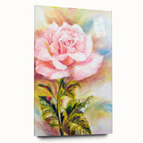 Botanical rose wall art piece displayed in a sleek acrylic frame, showcasing vibrant blooms in shades of pink and green, perfect for home decor enthusiasts.