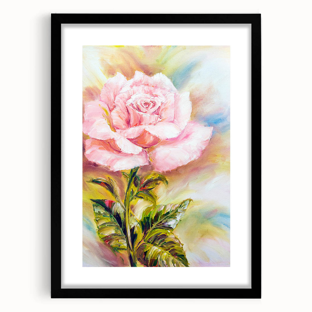Botanical rose wall art print in a sleek black frame with a white mat, showcasing intricate floral details and elegant design, ideal for home decor.