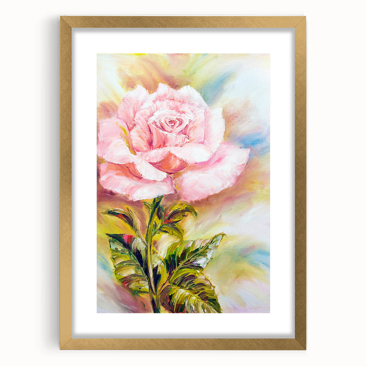 Elegant botanical rose wall art design featuring intricate floral patterns in soft pastel colors, framed in a gold mat for a sophisticated touch, perfect for home decor.
