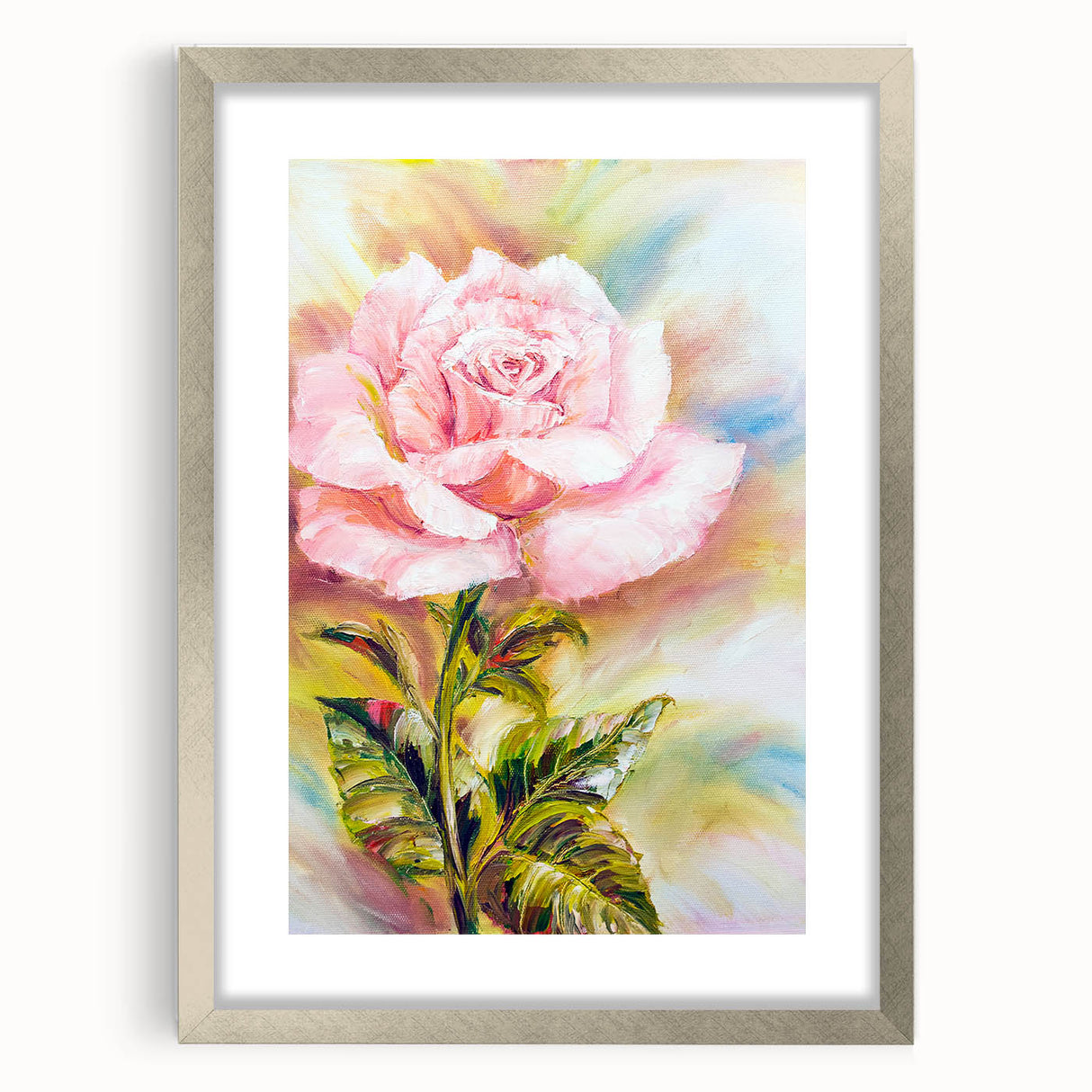Silver-framed wall art featuring a botanical rose design, showcasing delicate pink and white roses against a soft green background, perfect for home decor.