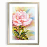 Silver-framed wall art featuring a botanical rose design, showcasing delicate pink and white roses against a soft green background, perfect for home decor.