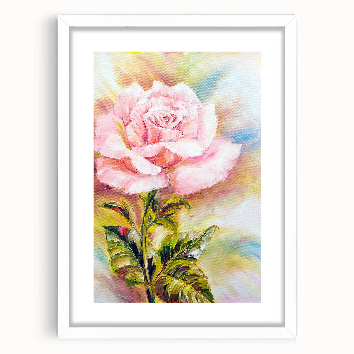 Botanical rose wall art collection framed with a white mat, showcasing delicate floral designs in soft pastel colors, perfect for enhancing home decor.