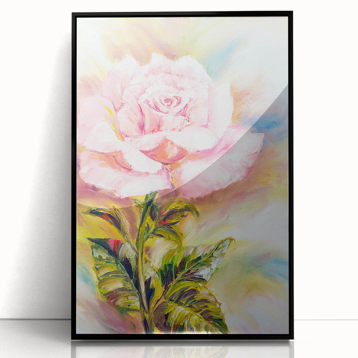 Framed botanical wall art featuring a detailed rose design with vibrant colors, set in a sleek black frame, perfect for home decor and floral enthusiasts.