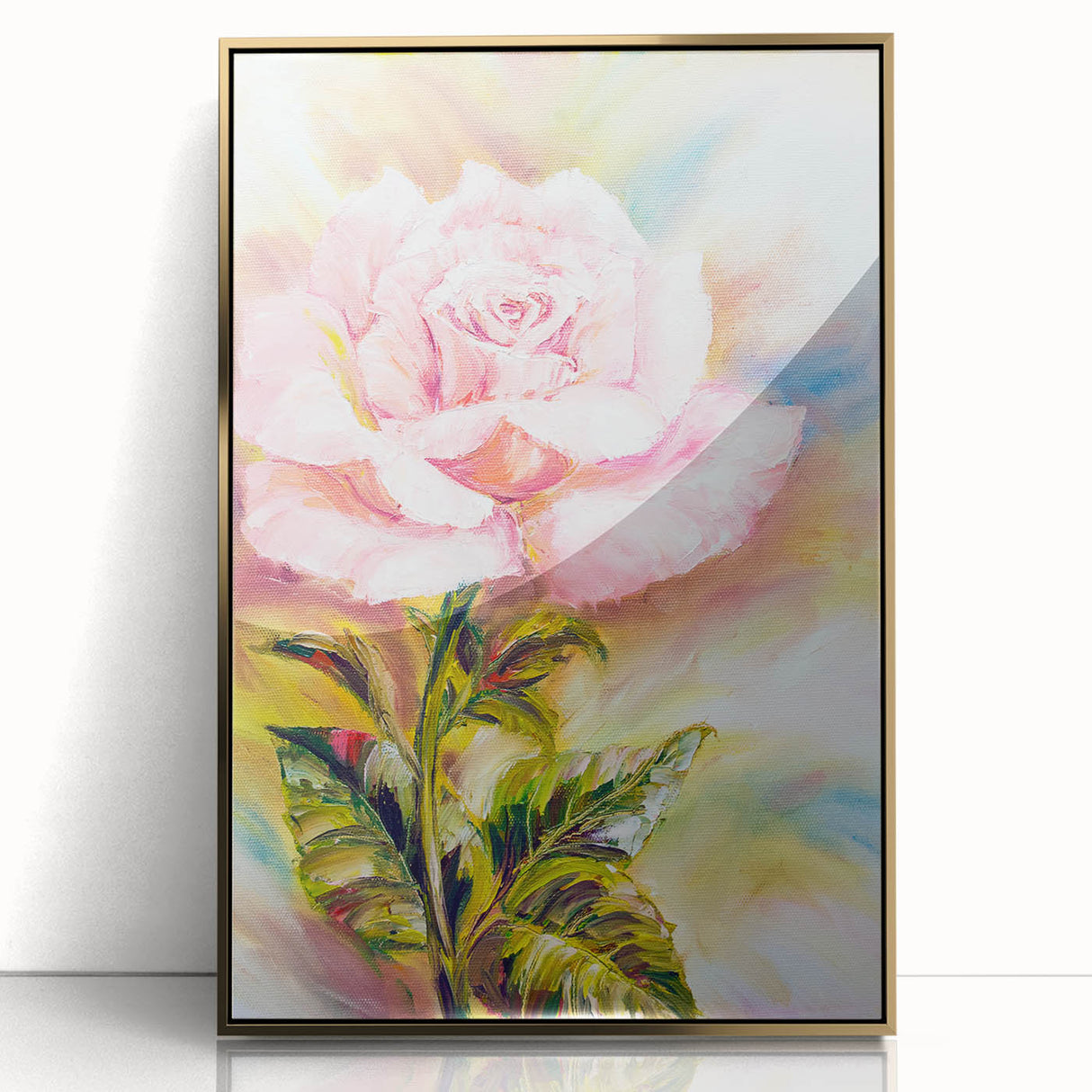 Framed botanical wall art showcasing a detailed rose design in soft pink and green hues, set in a sleek gold frame, perfect for home decor enhancement.