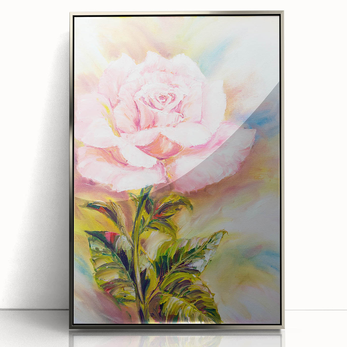 Framed botanical wall art featuring a delicate rose design in soft pink and green hues, presented in an elegant silver frame, ideal for home decor.