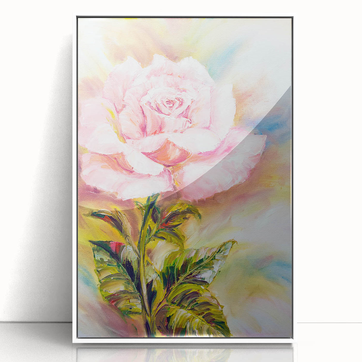 Framed wall art showcasing a botanical rose design with vibrant colors and intricate details, perfect for home decor. The artwork is displayed in a sleek white frame, enhancing its elegance.