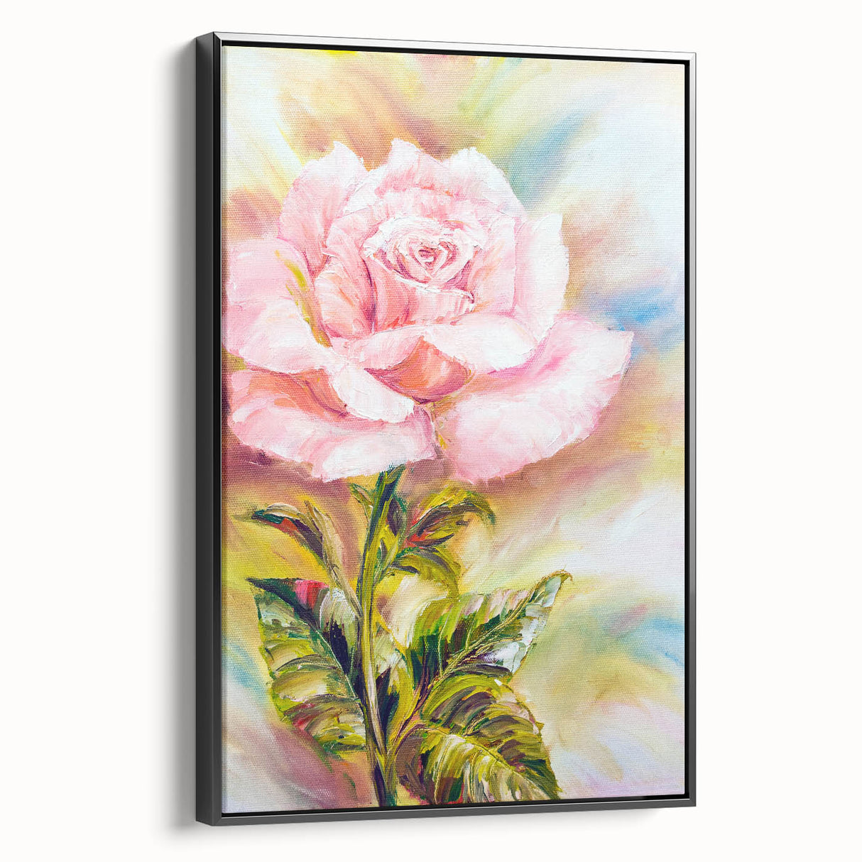 Framed botanical rose wall art in a sleek black frame, showcasing vibrant floral design with intricate details, ideal for modern home decor and aesthetic enhancement.