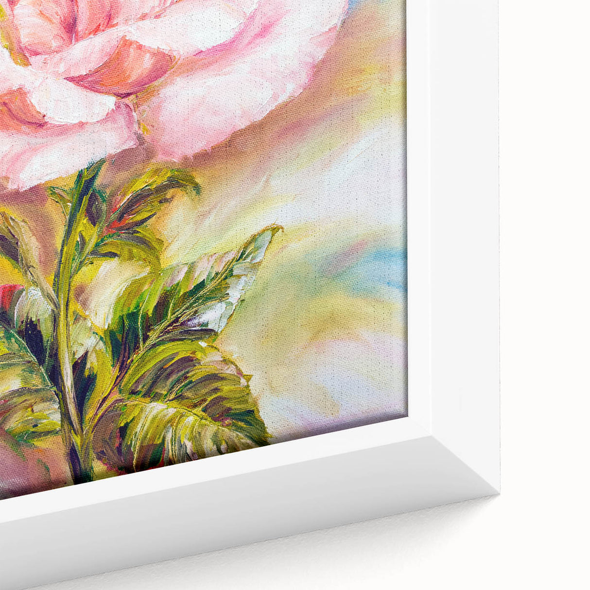 Close-up of a framed botanical wall art piece featuring an intricate rose design in soft pink and green hues, ideal for enhancing home decor with a natural touch.