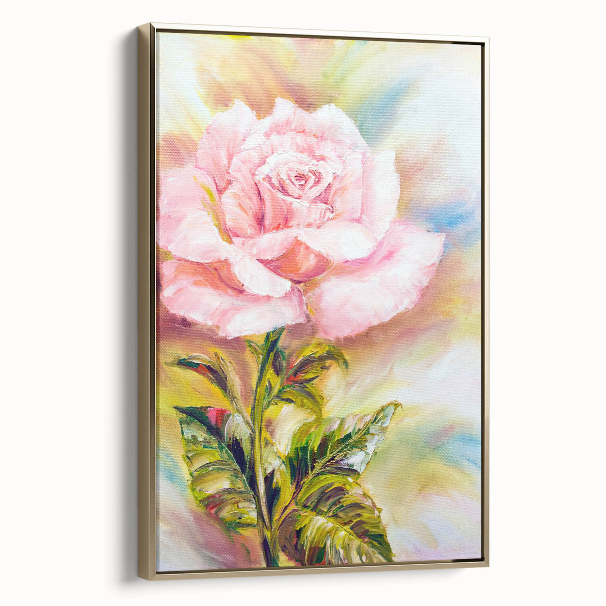 Framed canvas wall art featuring a botanical rose design with gold accents, showcasing a side view of elegant floral details, perfect for home decor.