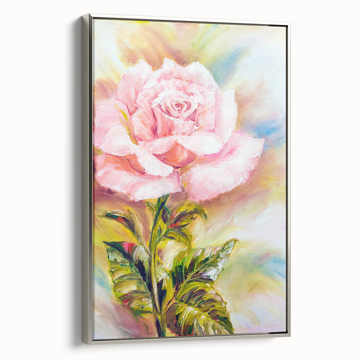 Framed botanical rose wall art in silver frame, showcasing vivid pink and white roses on a vibrant green background, ideal for home decor.