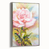 Framed botanical rose wall art in silver frame, showcasing vivid pink and white roses on a vibrant green background, ideal for home decor.