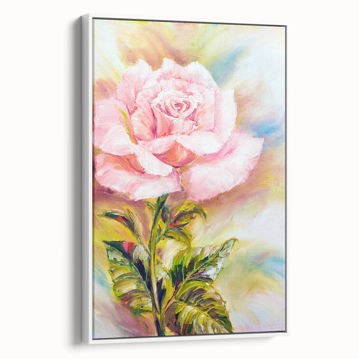 Framed canvas wall art depicting a beautiful botanical rose design, with intricate details and vibrant colors, elegantly displayed against a white background.
