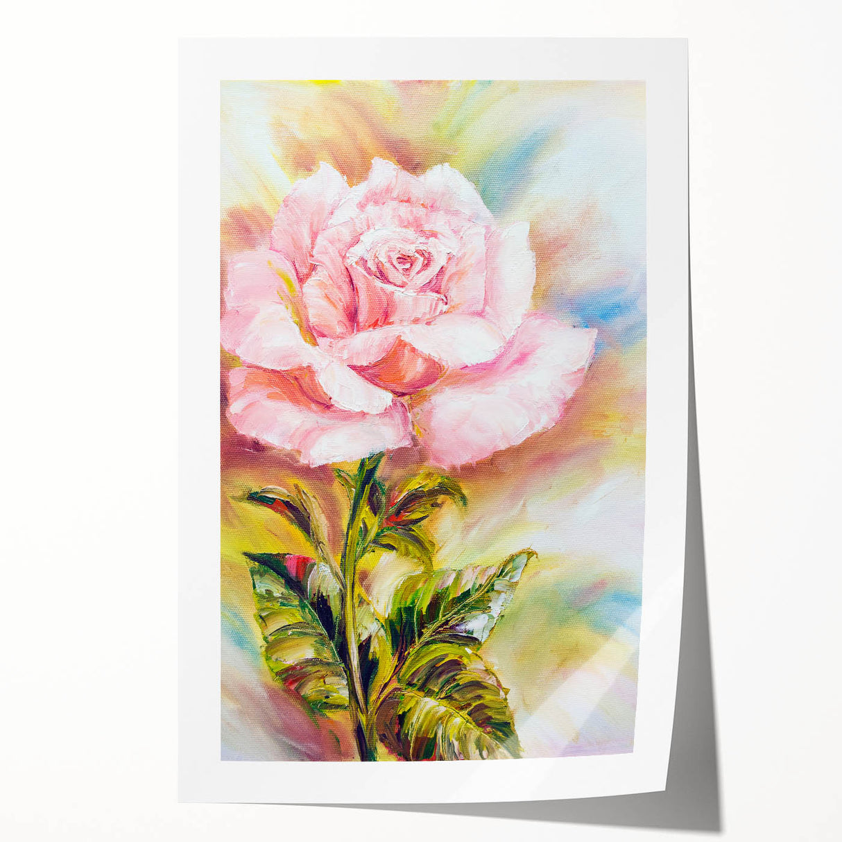 Botanical rose wall art print showcasing a vibrant arrangement of multicolored roses on a soft pastel background, ideal for home decor or floral-themed spaces.