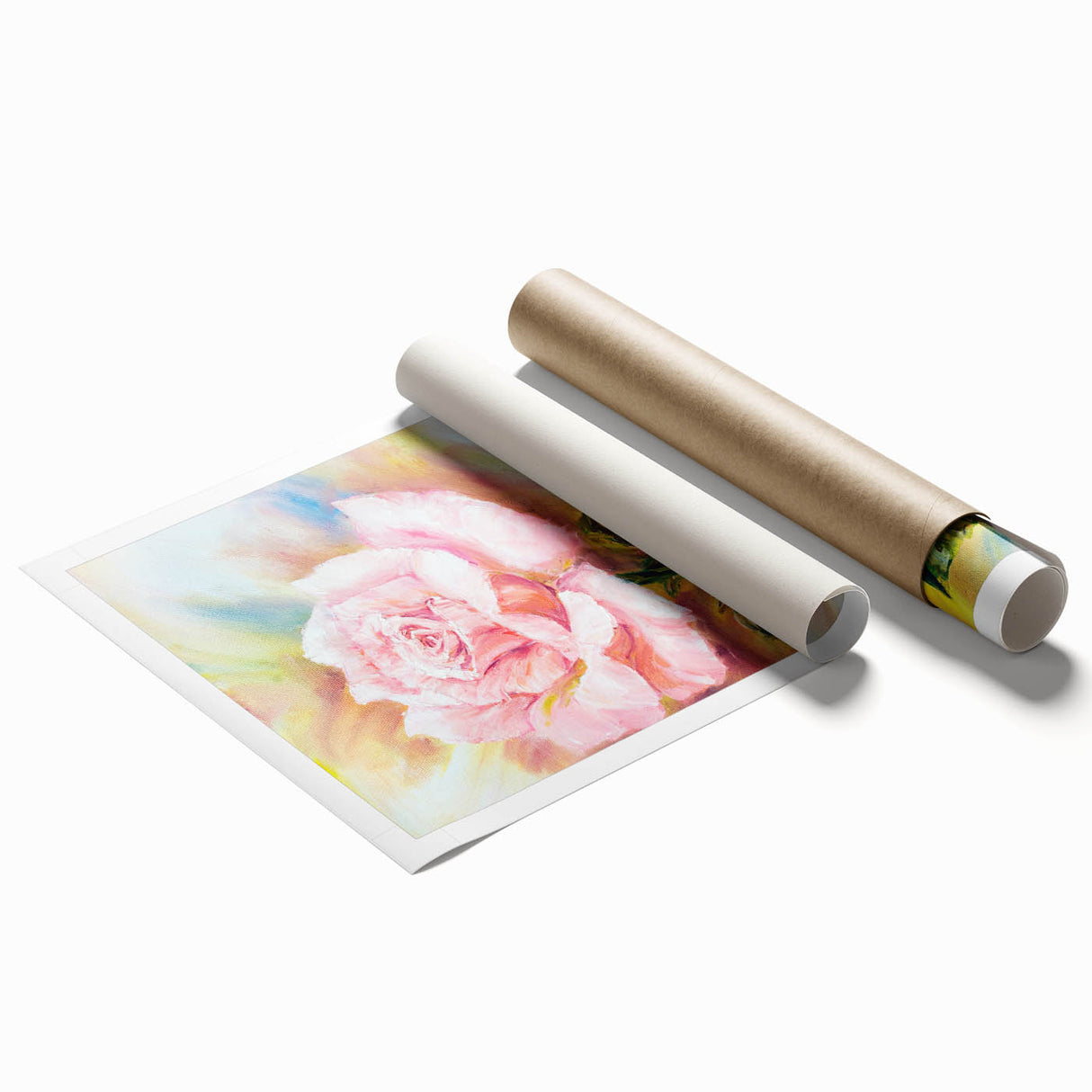 Botanical rose wall art print showcasing intricately detailed flowers in soft pastel colors, ideal for home decor, elegantly rolled for easy display.