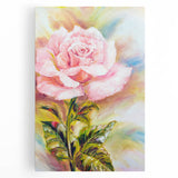 Botanical rose wall art design on stretched canvas, showcasing soft pink and white flowers against a light background, perfect for home decor and floral enthusiasts.