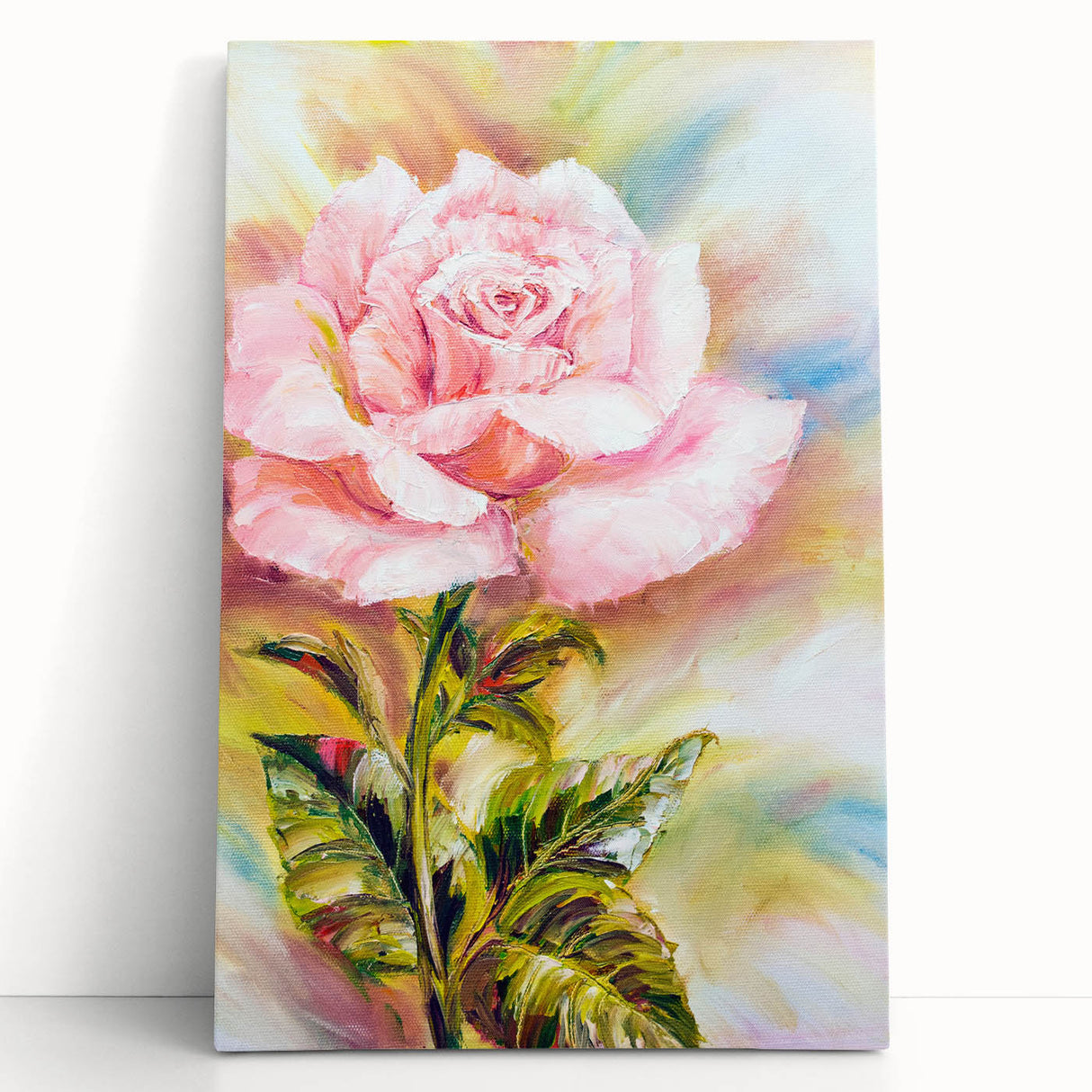 Botanical wall art featuring a vibrant rose design on stretched canvas, elegantly leaning against a wall, showcasing intricate floral details and rich colors. Perfect for adding a natural touch to home decor.