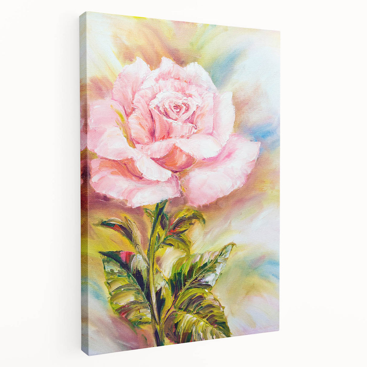 Stretched canvas showcasing a botanical rose design in vibrant colors, elegantly displayed from the side, perfect for enhancing home decor with floral elegance.