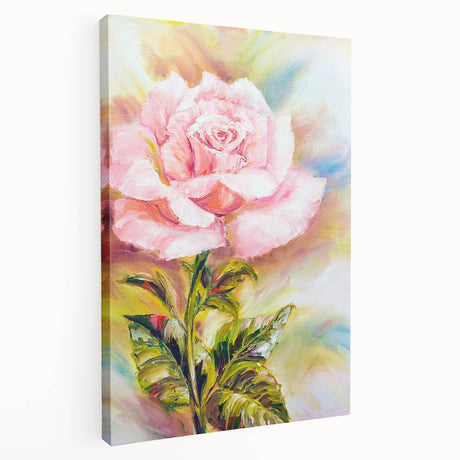Stretched canvas showcasing a botanical rose design in vibrant colors, elegantly displayed from the side, perfect for enhancing home decor with floral elegance.