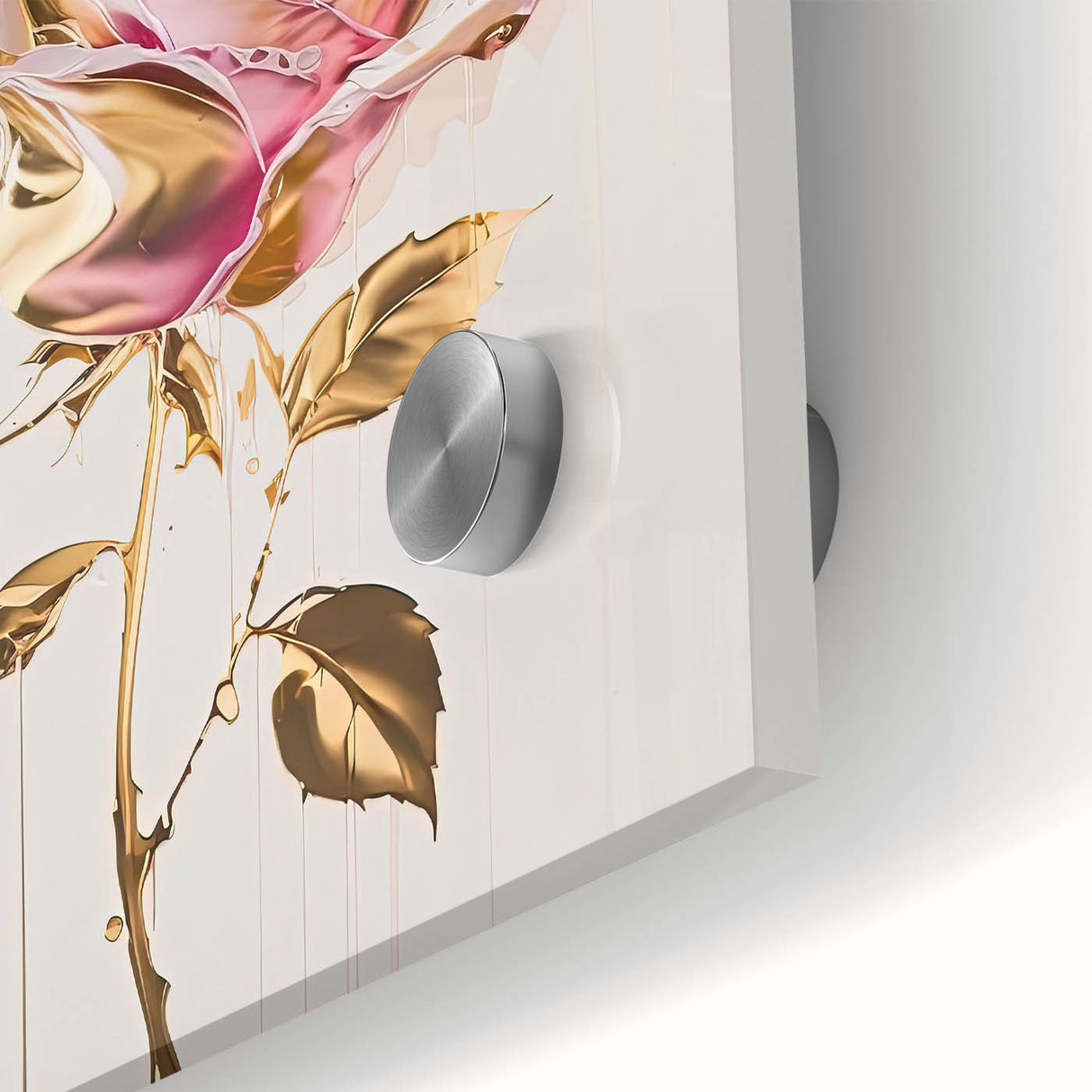 Close-up of a botanical rose wall art design featuring vibrant pink and white blooms on a sleek acrylic glass surface, ideal for home decor and floral enthusiasts.
