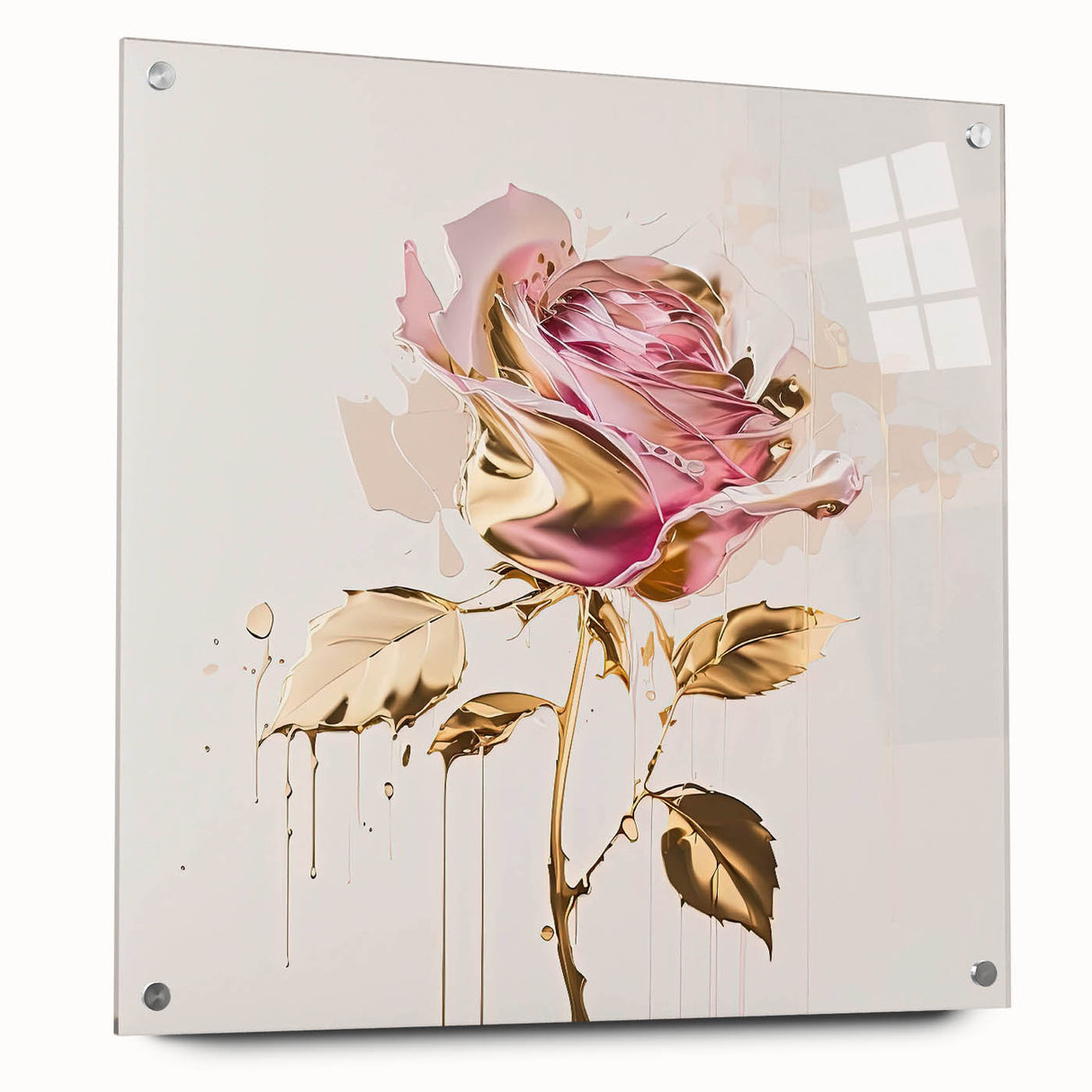 Acrylic glass wall art showcasing a botanical rose design with vibrant colors, displayed in a side view with decorative pins, enhancing home decor aesthetics.
