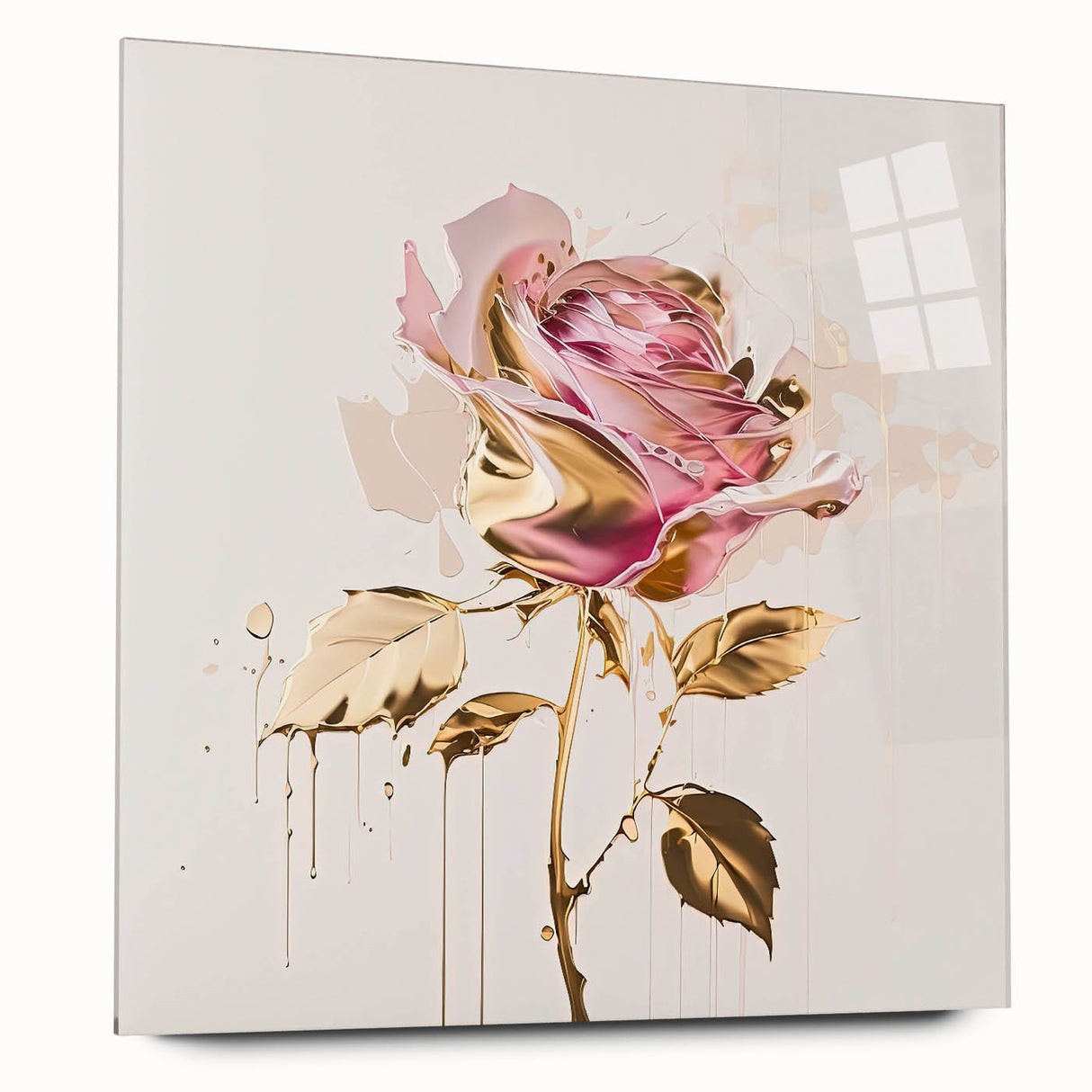 Side view of a botanical rose wall art design in acrylic glass, showcasing intricate floral details and vibrant colors, ideal for home decor enhancement.
