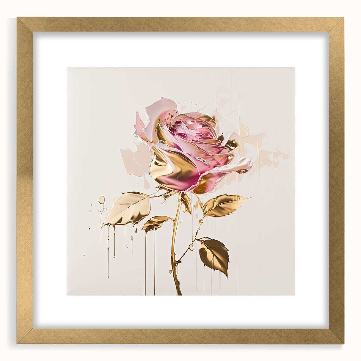 Botanical rose wall art design in a gold frame with matting, showcasing intricate floral details and vibrant colors, ideal for home decor and aesthetic enhancement.