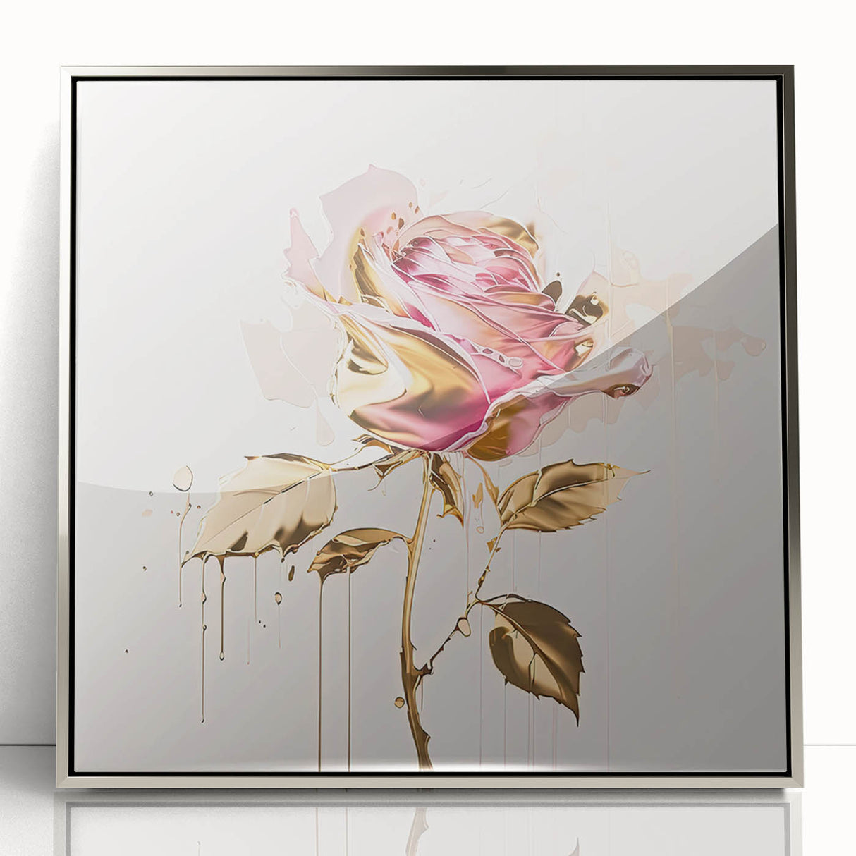 Framed wall art featuring a botanical rose design, elegantly displayed with a silver frame, perfect for enhancing home decor with a touch of nature’s beauty.