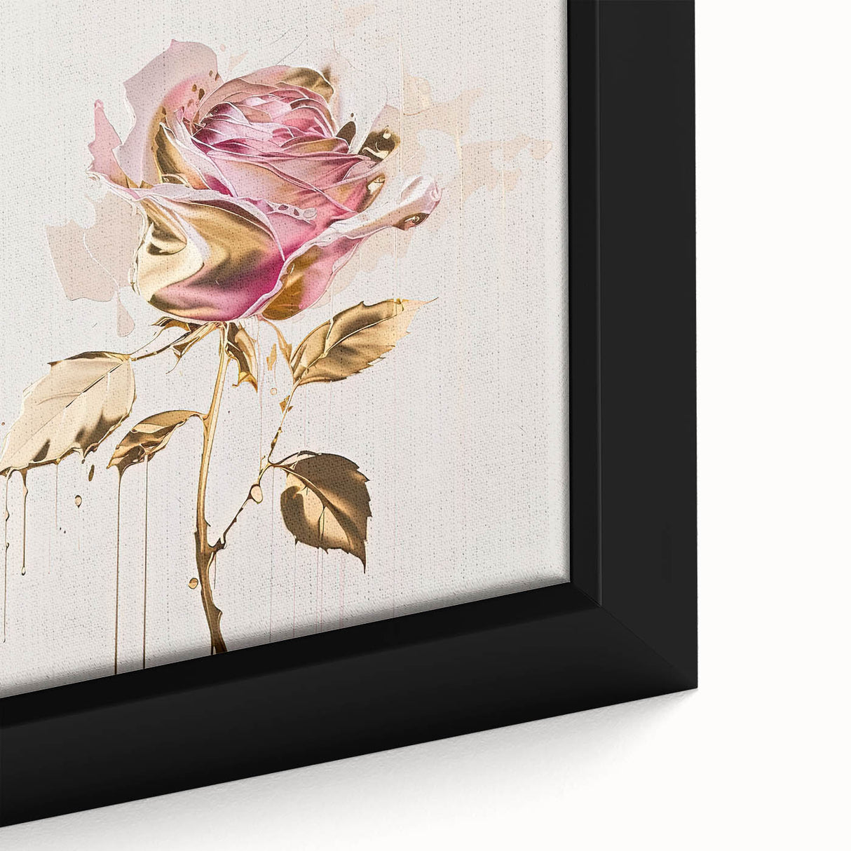 Close-up of a beautifully framed botanical rose wall art design featuring vibrant pink and green hues, perfect for enhancing home decor with a natural touch.