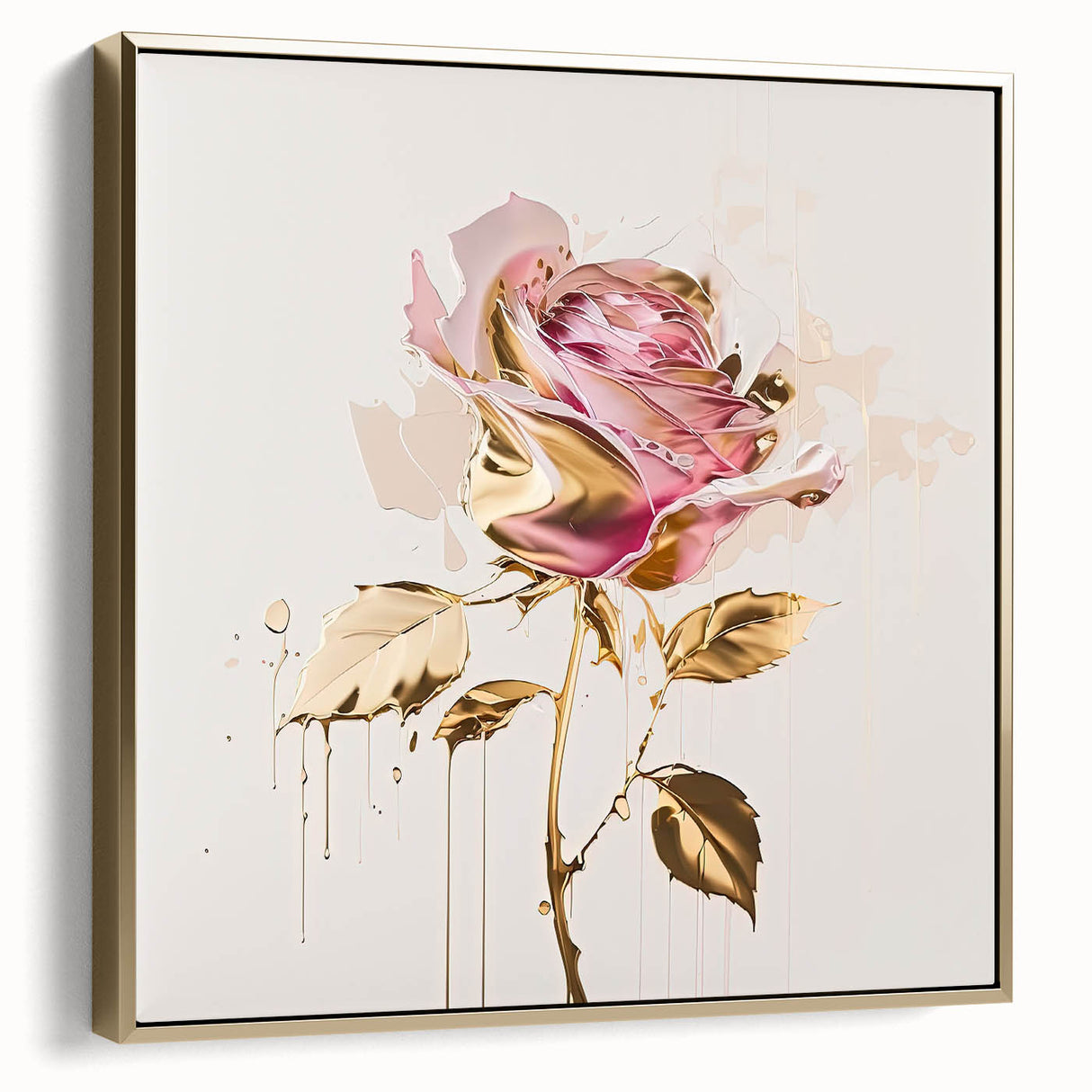 Framed canvas wall art showcasing a botanical rose design in silver and gold tones, elegantly displayed with intricate details and a modern aesthetic. Perfect for enhancing home decor.