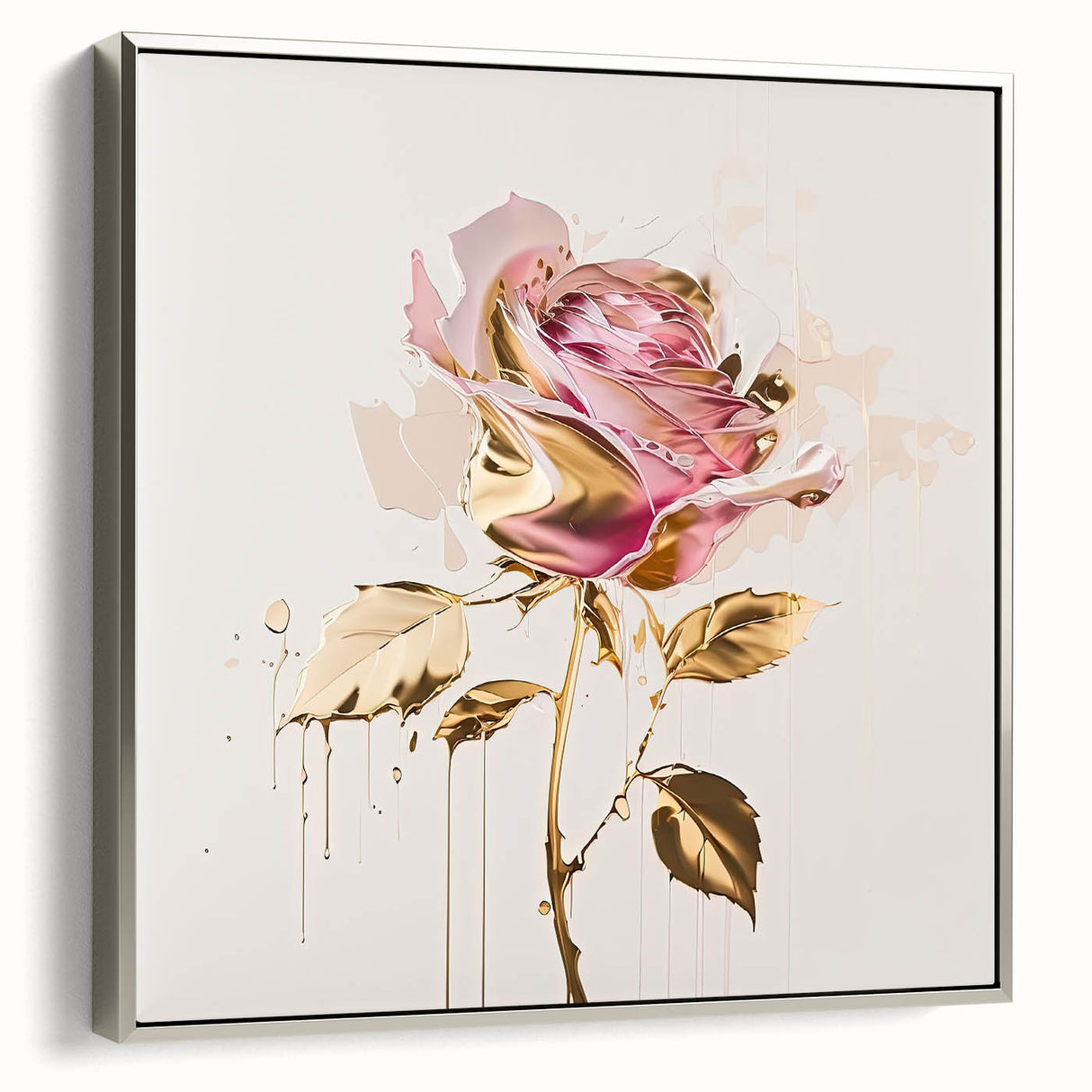 Framed botanical rose wall art with a silver frame, showcasing intricate floral details and a vibrant color palette, perfect for home decor or gallery-style displays.